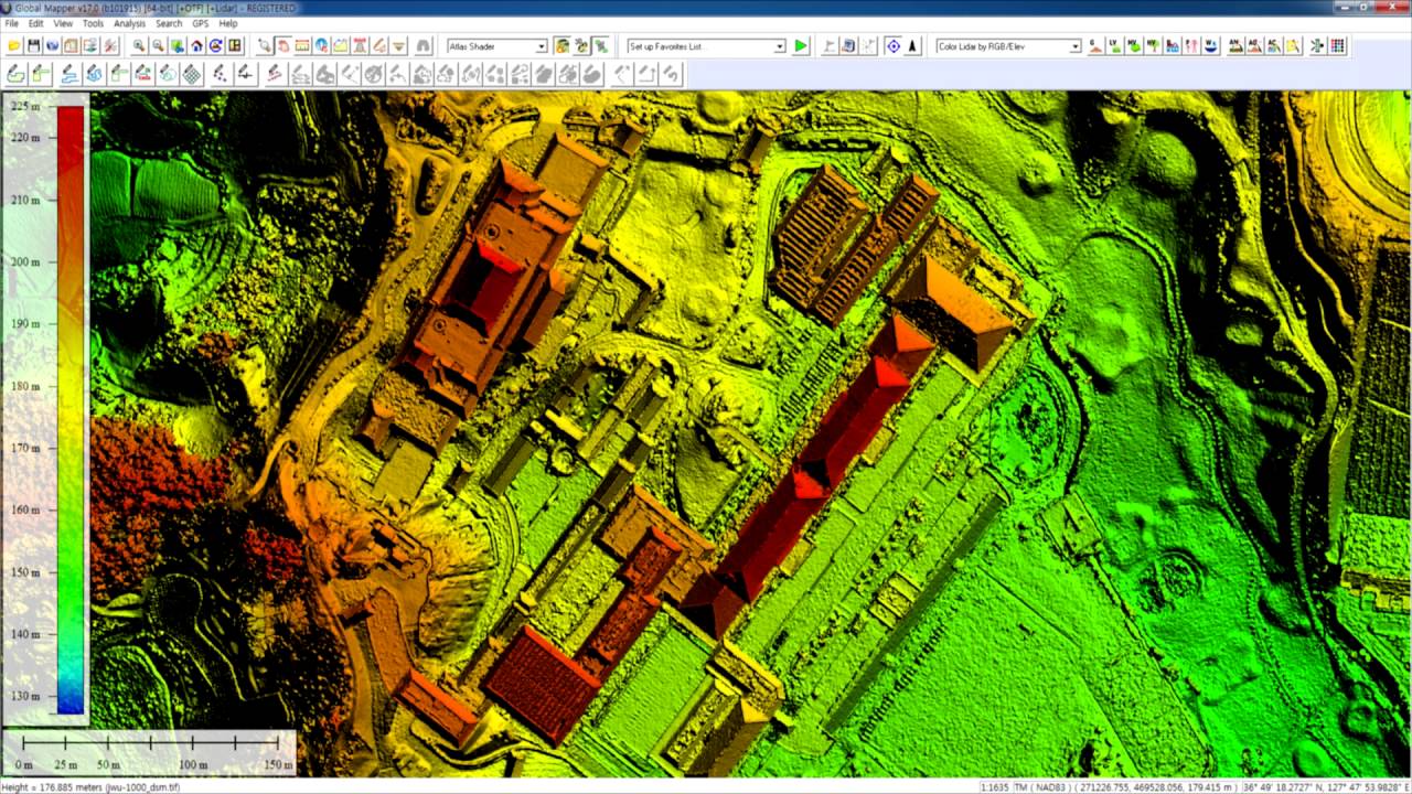 screenshot of mapping program depicting a bright, multicoloured elevation map of a cluster of building and surrounds